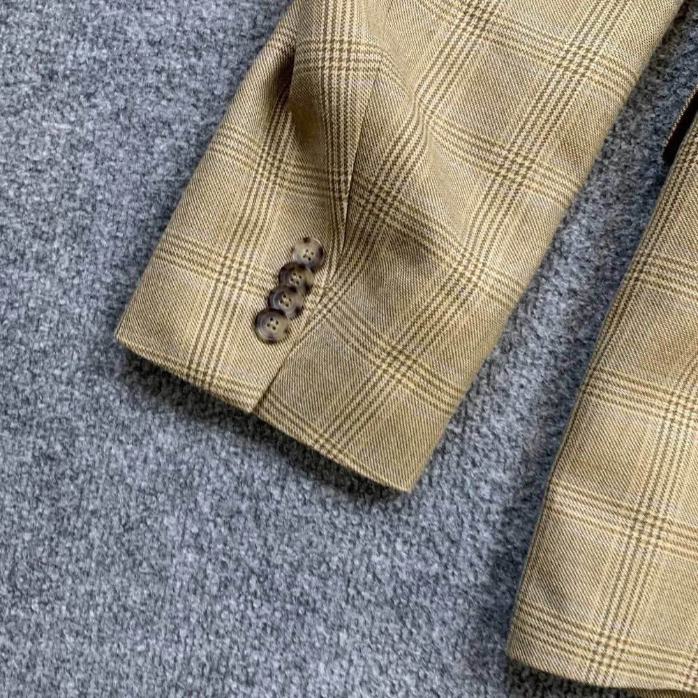 John W Nordstrom Blazer Men 44L Long Straw Beige Blue‎ Plaid Wool Silk Blend